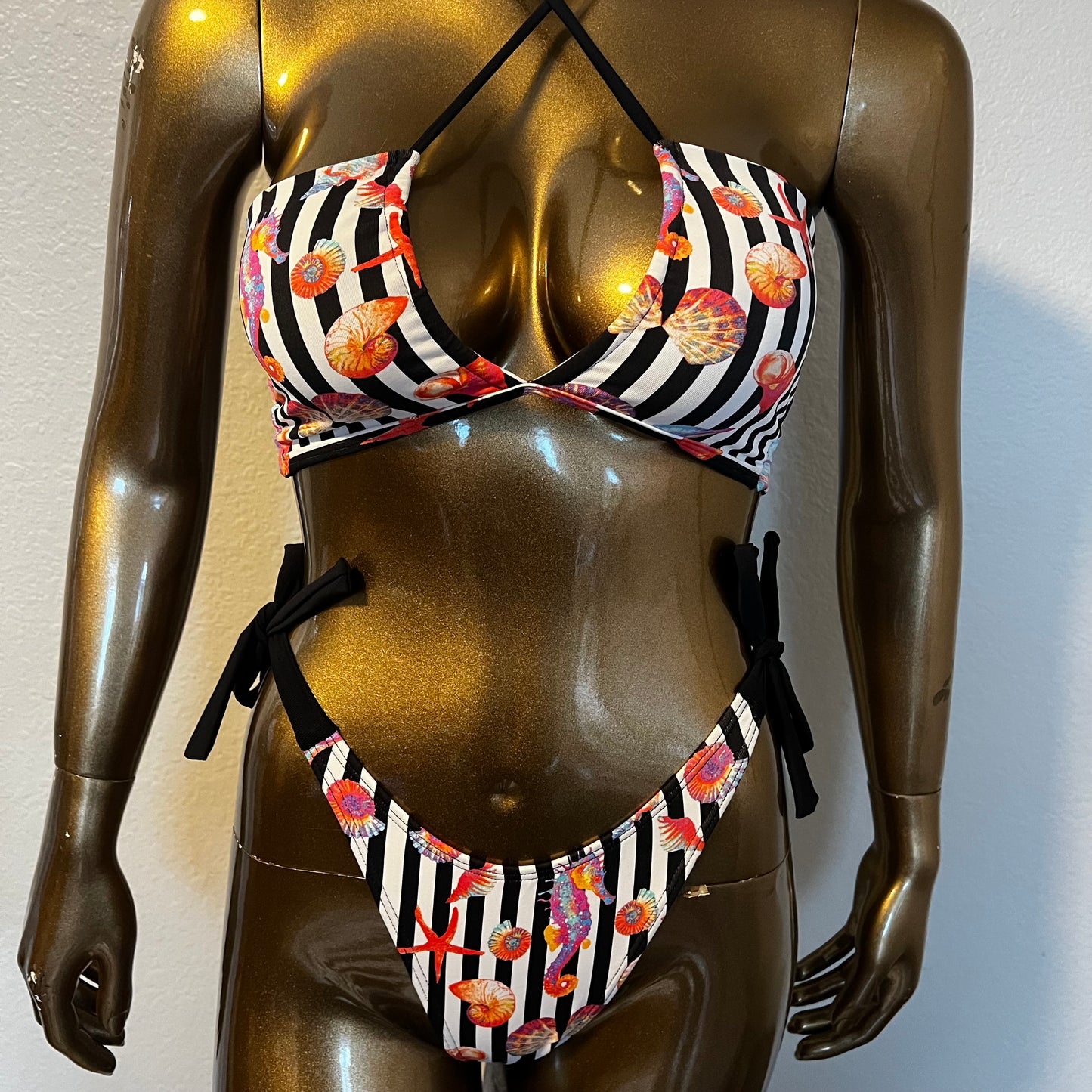 Tie Sides Cheeky Bottoms- Stripped Seashell - On The Lo Swimwear