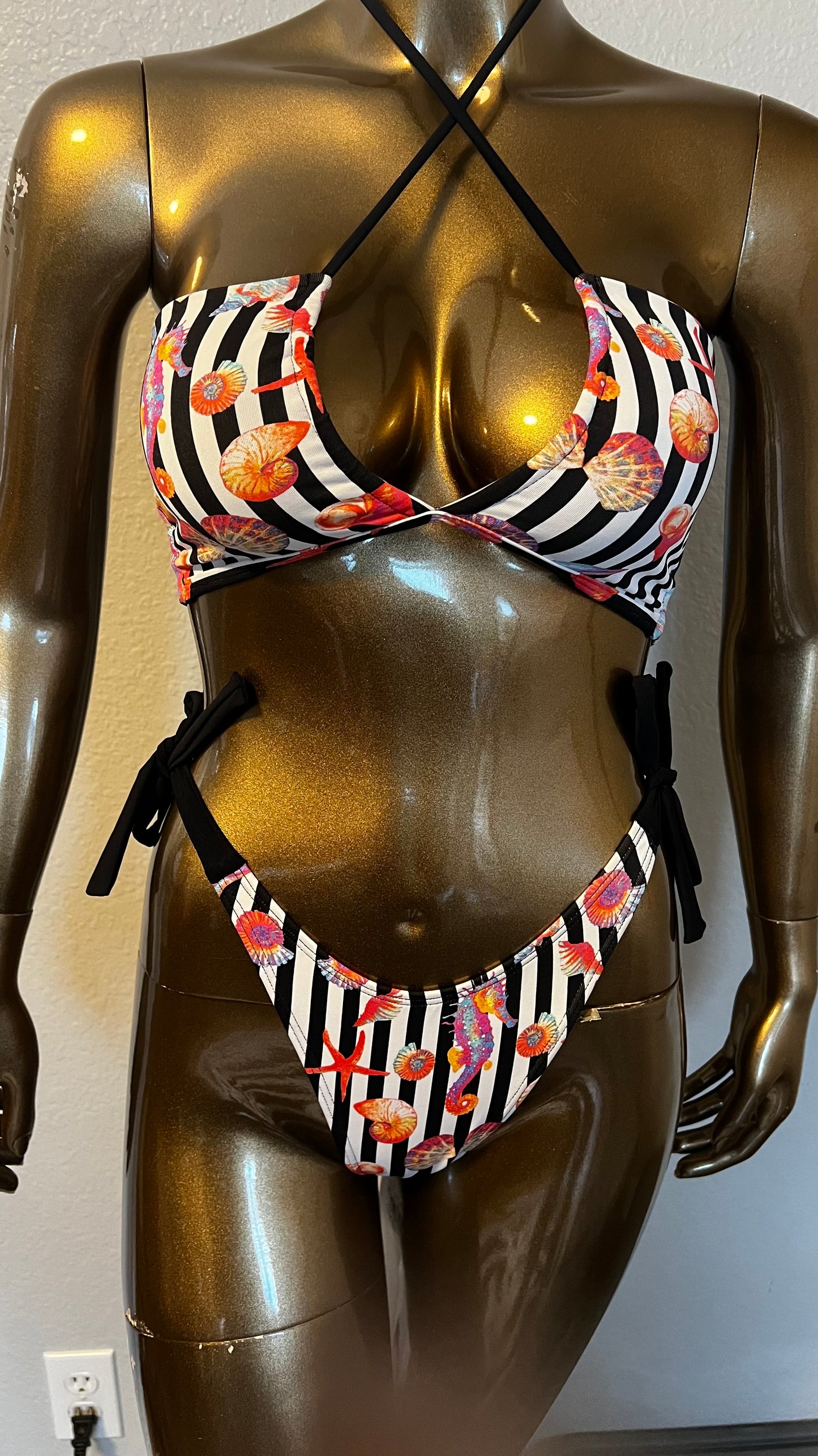 Tie Sides Cheeky Bottoms- Stripped Seashell - On The Lo Swimwear