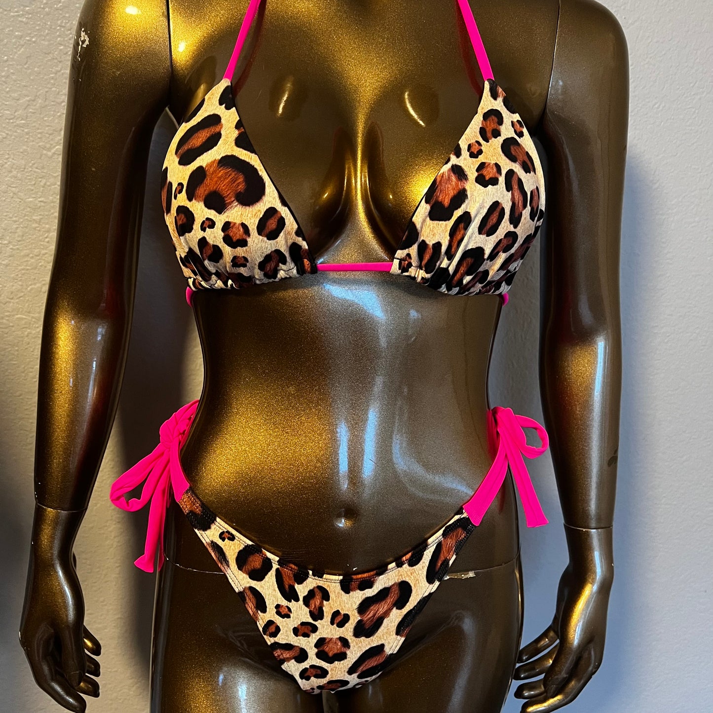 Tie Sides Cheeky Bottom- Cheetah + Neon Pink - On The Lo Swimwear