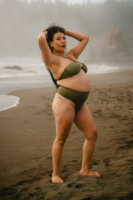 High Waist Cheeky Bottoms- Green - On The Lo Swimwear