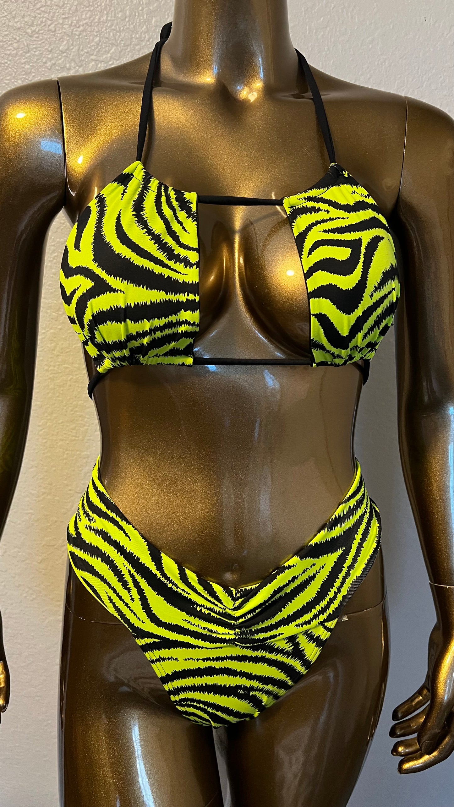 Square Strappy Bikini Top- Neon Zebra - On The Lo Swimwear