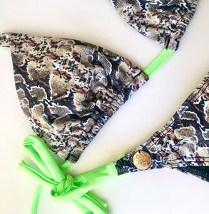 Tie Sides Tanga Thong - Neon Green & Snake Print - On The Lo Swimwear