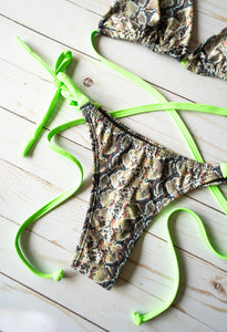 Tie Sides Tanga Thong - Neon Green & Snake Print - On The Lo Swimwear